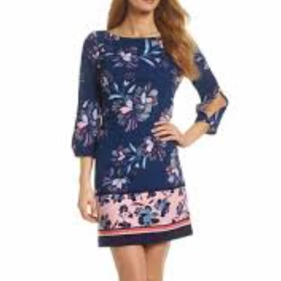 Vince Camuto Women's Floral Print 3/4 Sleeve Sheath Dress Navy Blue/Pink Size 8 - Picture 2 of 11